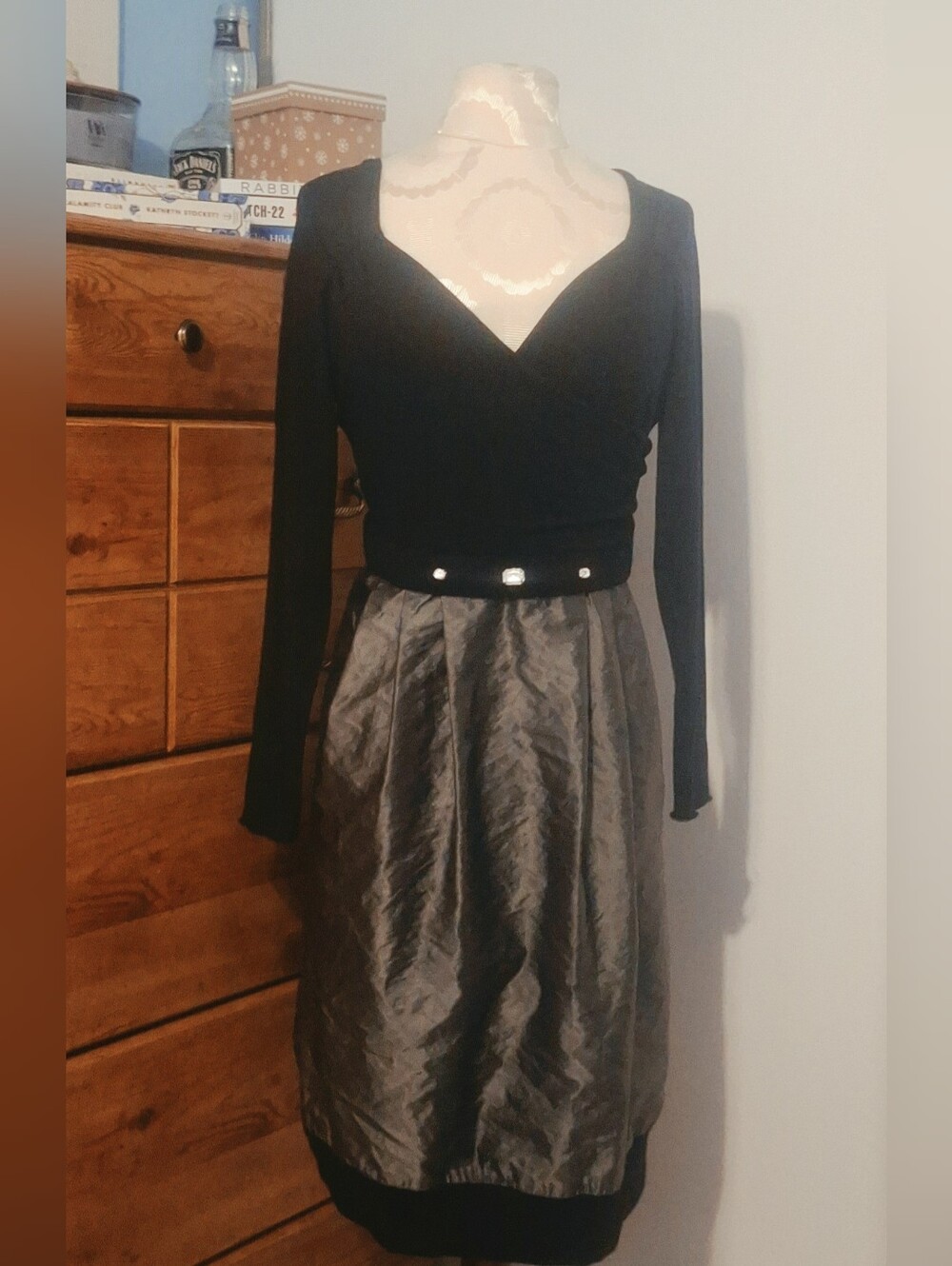 Joseph Ribkoff  Long Sleeve Wrap Dress with Metallic Skirt